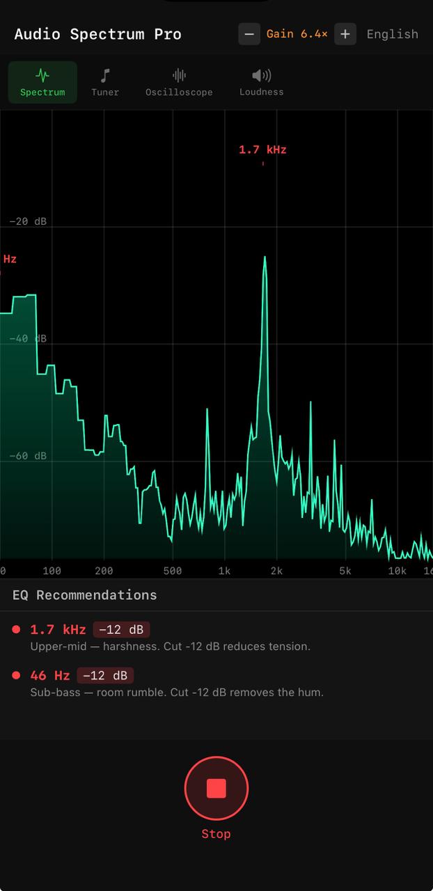 Audio Spectrum Pro spectrum analyzer with EQ recommendations